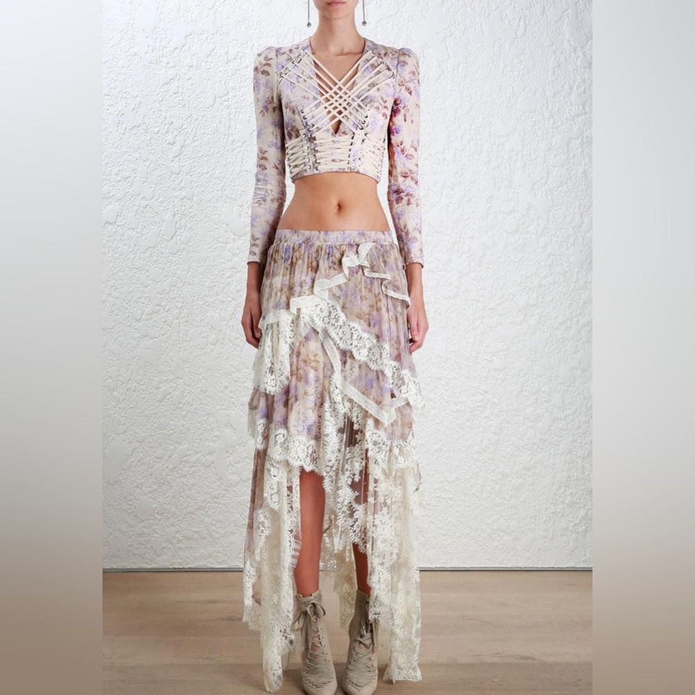 Floral top and asymmetric lace skirt TWO PCS PRICE IS FIRM SZ S